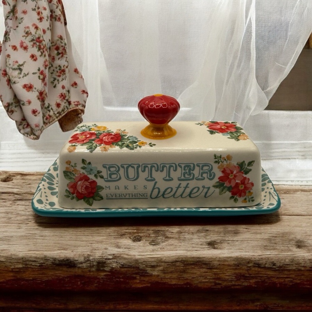 THE PIONEER WOMAN BUTTER DISH - “BUTTER MAKES EVERYTHING BETTER” FLORAL CERAMIC1